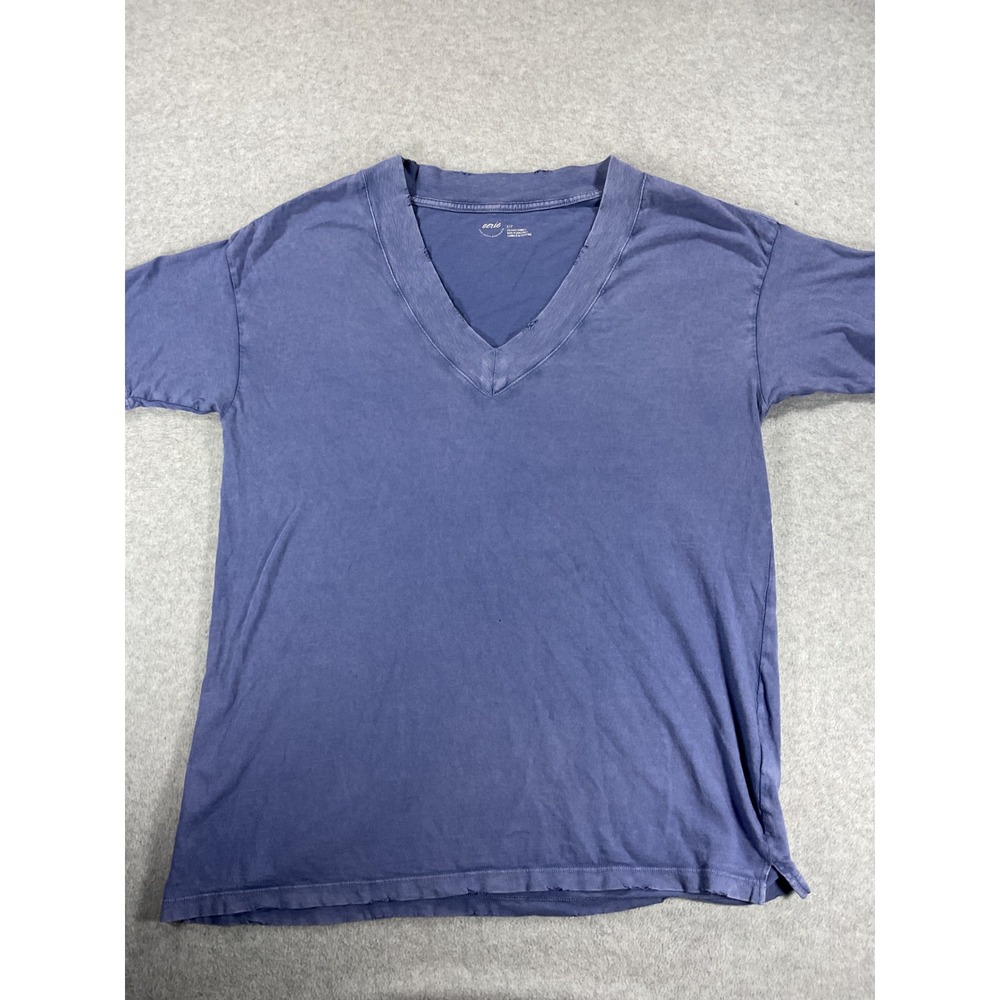 Aerie Womens Small Oversized V-Neck T-Shirt Blue Distressed Short Sleeve 2941